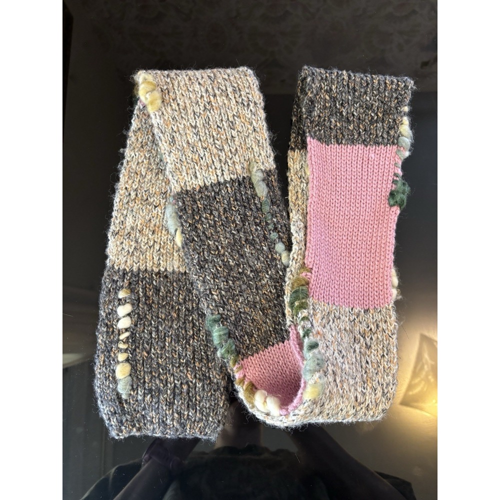 Y2K Lucky Brand Skinny Scarf Gray Pink Color block Wool 80" Woven